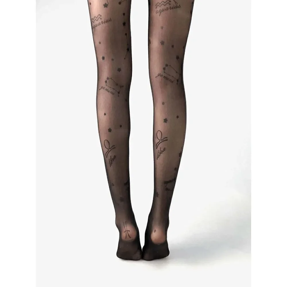 ⭐ Astrology Zodiac Constellations Celestial Print Black Sheer Nylon Tights NEW